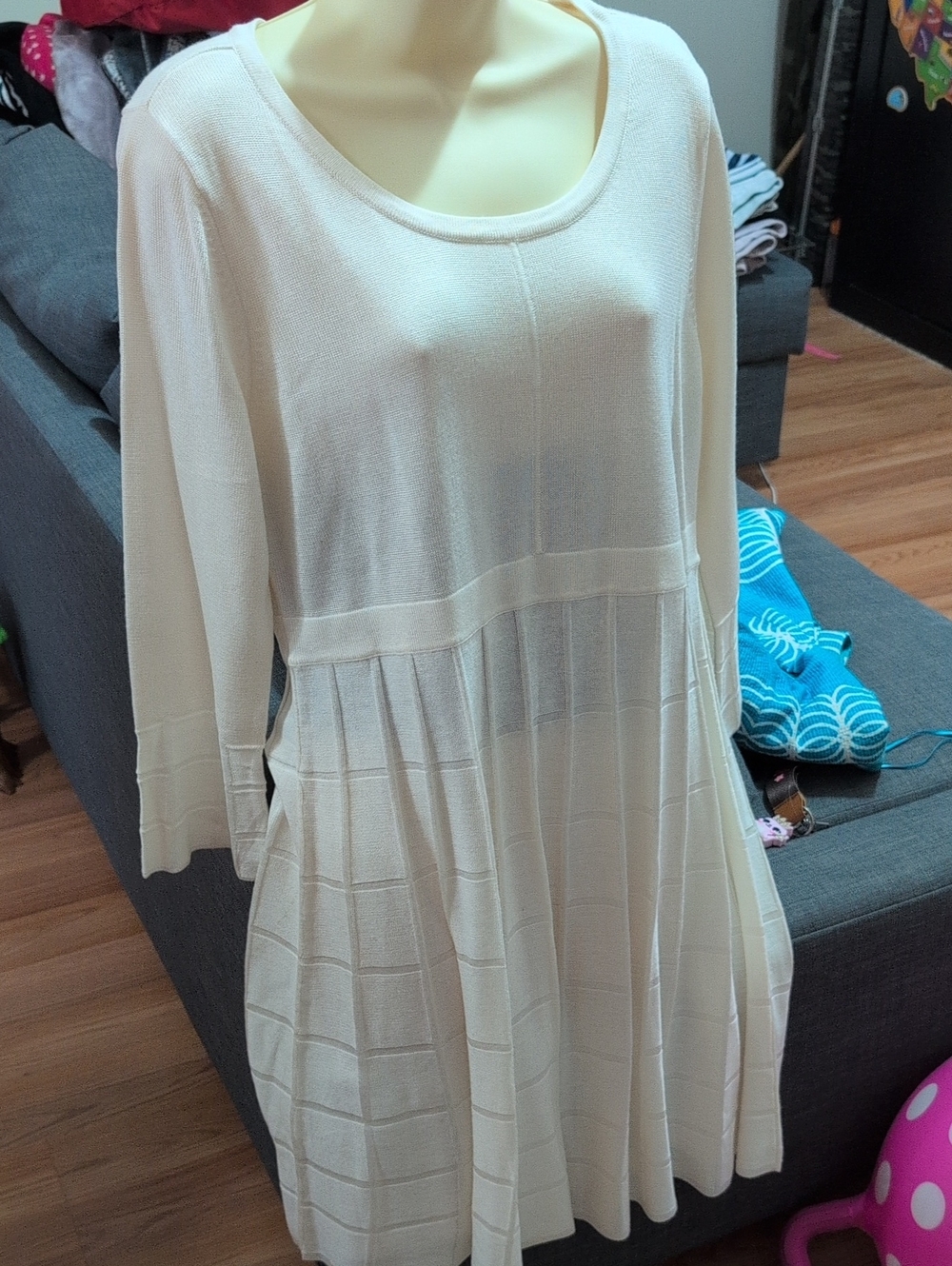 Calvin Klein Cream Long Sleeve Pleated Knit Dress